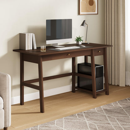 NELYE Solid Wood Desk with Drawer - 58 Inch Modern Writing and Computing Workstation for Home Office in Walnut