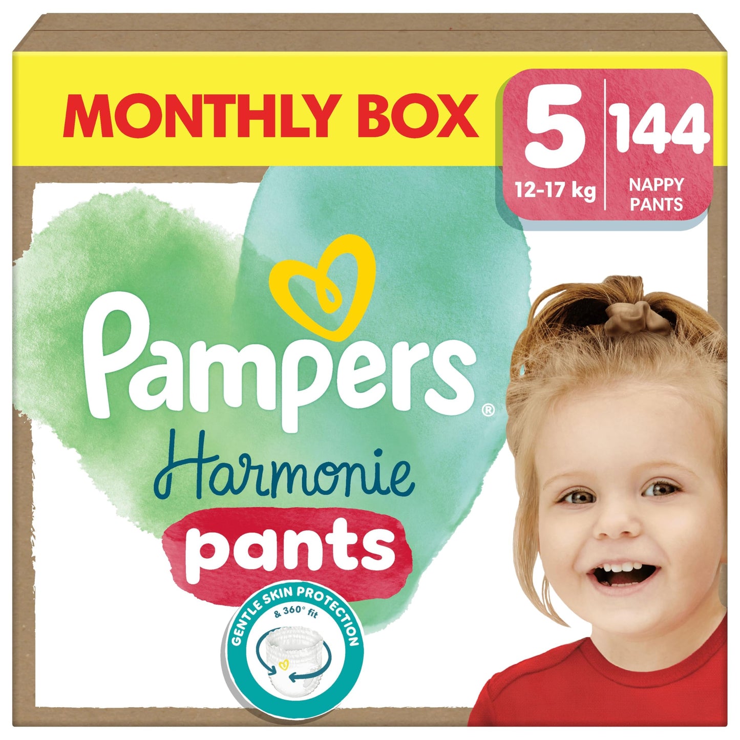 Pampers Harmonie Nappy Pants Size 5, 144 Nappies, 12kg-17kg, Monthly Pack, Gentle Skin Protection and 360° Comfort Fit