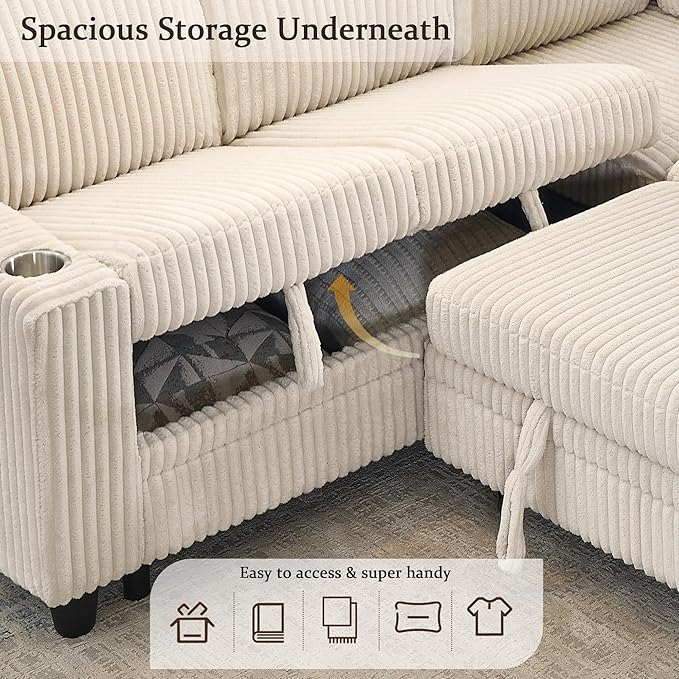 L-Shaped Sectional Couch with Storage and Pull Out Bed, Convertible Sofa Bed