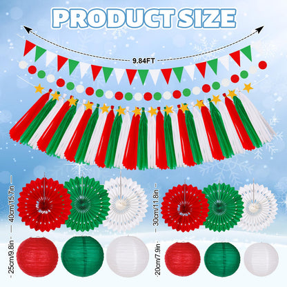 FYSUIMU 18Pcs 3D Christmas Paper Lantemm Decoration Garland Set Red Green White Hanging Buntina Banner paper Fans Tassel for Xmas Holiday Party decor