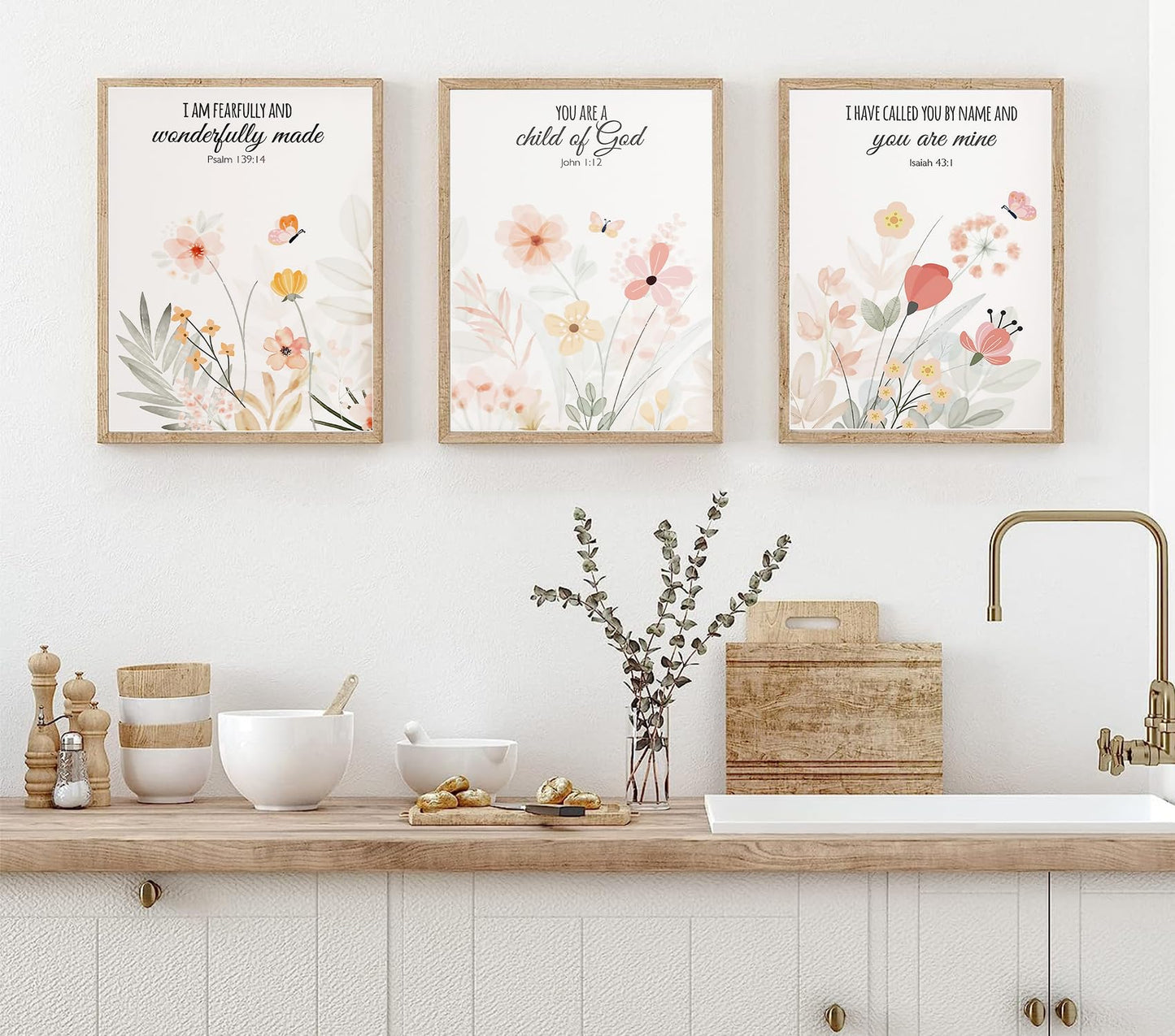 3pcs Framed Floral Wall Art Pieces, Christian Art, Bohemian Wall Decorations, Inspirational Bible Verse Canvas Paintings, Wildflower Patterns, For A Girl'S Room And Living Room, 12x16 Inch
