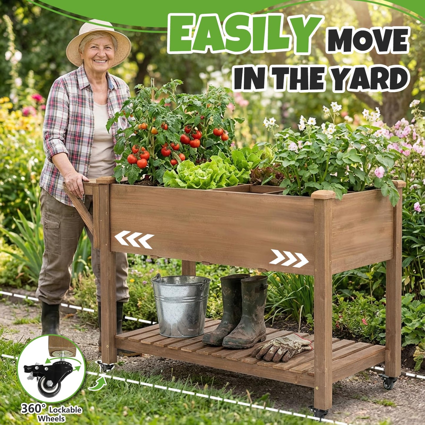 33"H Raised Garden Bed with Wheels, Ergonomic Elevated Wood Planter Box with Shelves and Root Drainage, Upgraded Metal W-Shaped Sturdy, Ideal for Vegetable Herb Flower, Backyard Balcony Patio