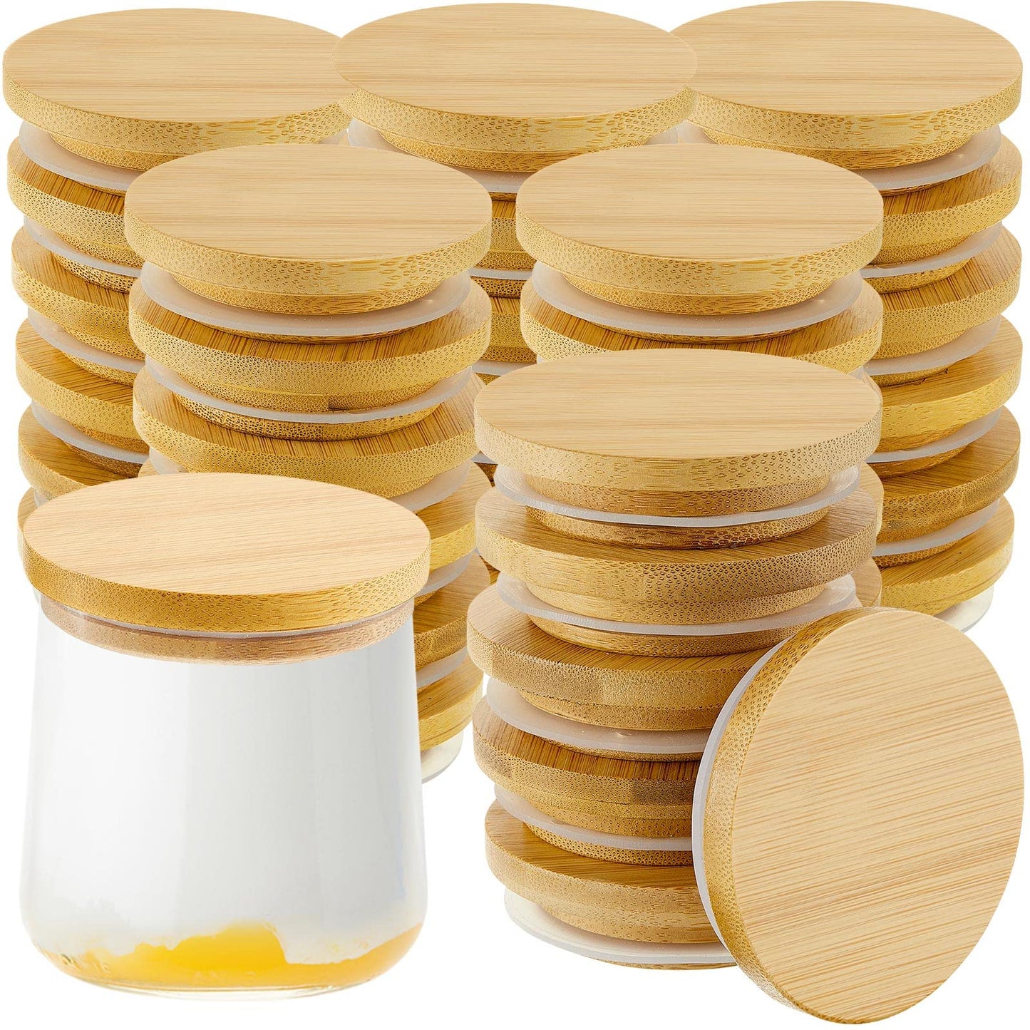 Sawysine 36 Pack Oui Yogurt Jar Lids Compatible with 5oz Oui Yogurt Jars Reusable Bamboo Wooden Round Canning Lids with Silicone Sealing Rings for Kitchen Food Nut Candy Storage (Jar Not Included)