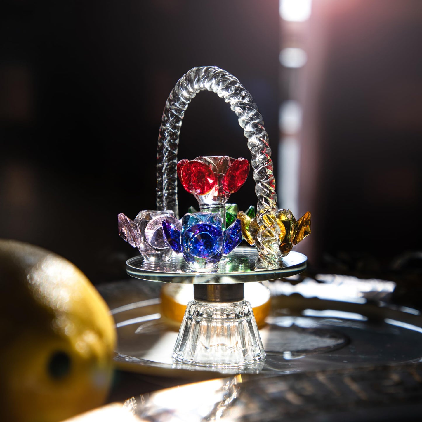 H&D HYALINE & DORA Colorful Crystal Flower Basket Figurine Ornament, Glass Flower with Rotating Base for Home Dress Table Centerpiece Christmas Lady Gift