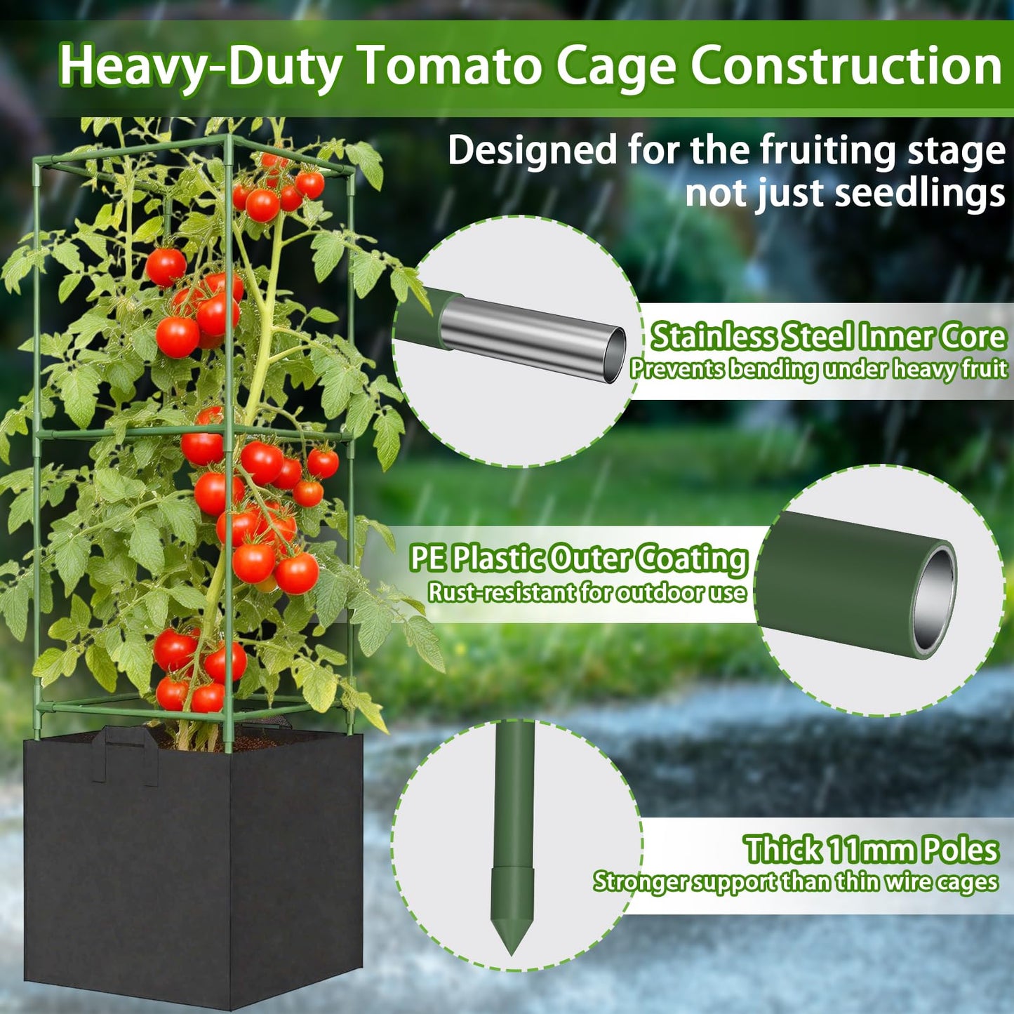 Tomato Cages for Garden, Tomato Planter with Trellis, 48in Tall Square Tomato Trellis with 18 Gallon Grow Bags, Patio & Balcony, Metal Tomato Cage for Tomatoes Cucumbers Peas Climbing Plants, 3 Pack