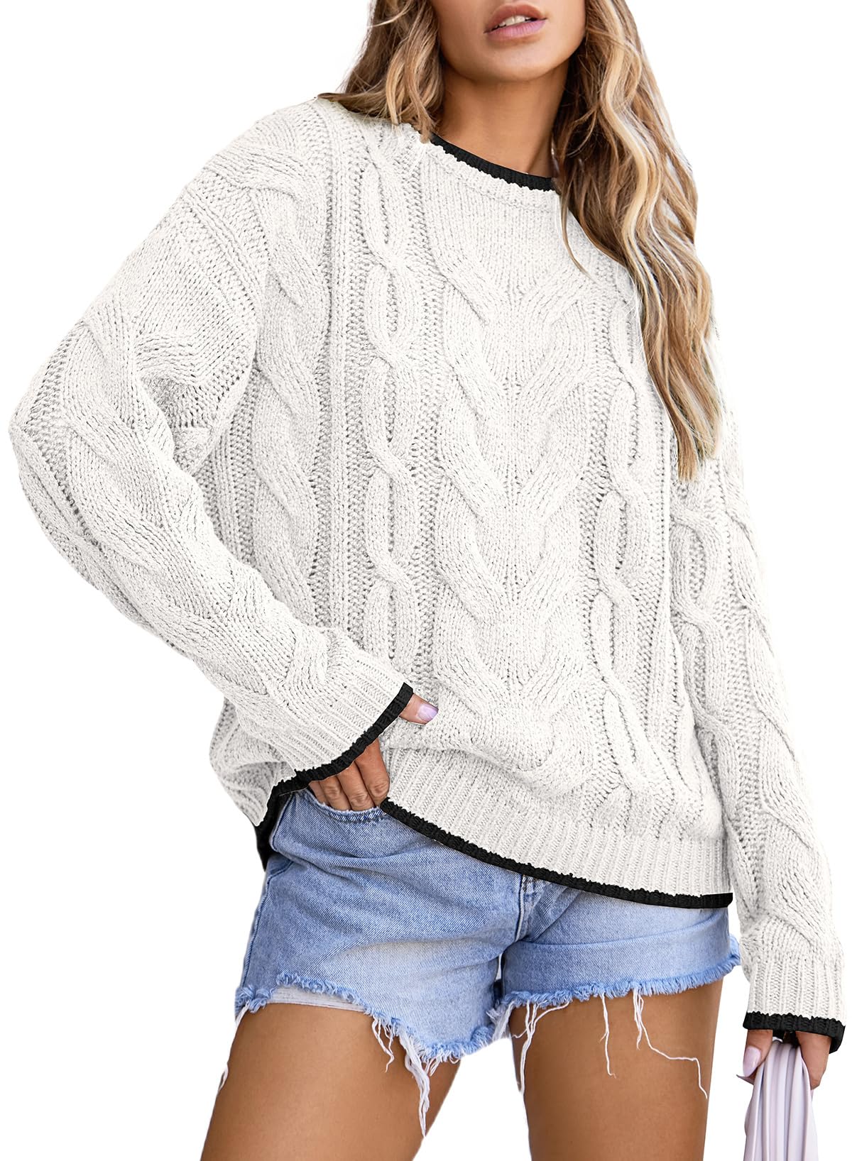 EVALESS Sweaters for Women Trendy Crewneck Long Sleeve Color Block Sweater Tops Fall 2025 Chunky Cable Knit Pullover Sweaters