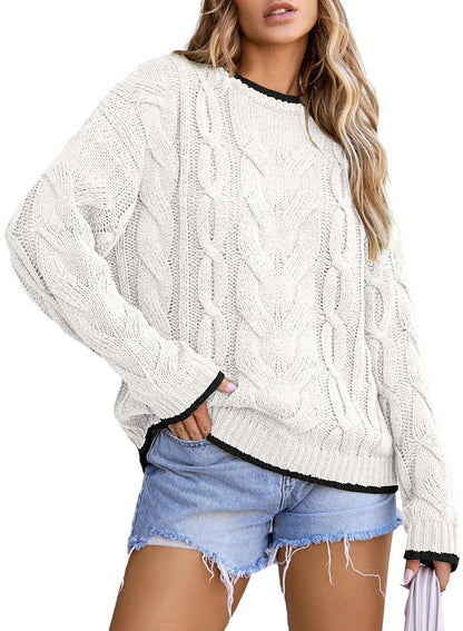EVALESS Sweaters for Women Trendy Crewneck Long Sleeve Color Block Sweater Tops Fall 2025 Chunky Cable Knit Pullover Sweaters
