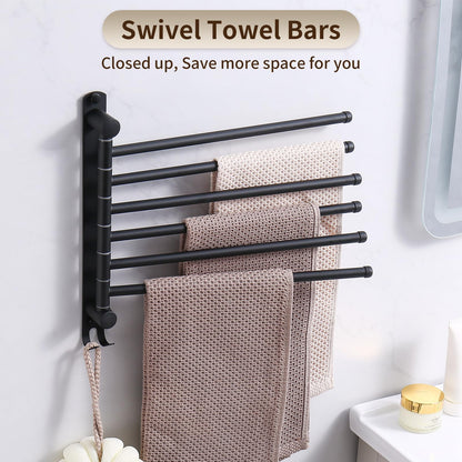 Swivel Towel Rack, 14" Thicken 304 Stainless Steel 6-Arm Adjustable Towel Bar,Wall Mounted Towel Holder with Hook, Space Saving for Kitchen, Bathroom, Outdoor (Black, 6 Arms)