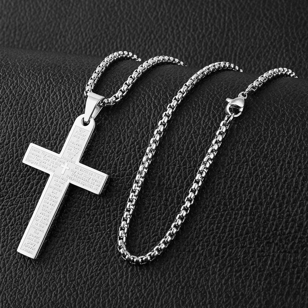 HZMAN Stainless Steel Cross Necklace for Men Women Inspiring Lord's Prayer Cross Pendant Jewelry Gift (Silver)