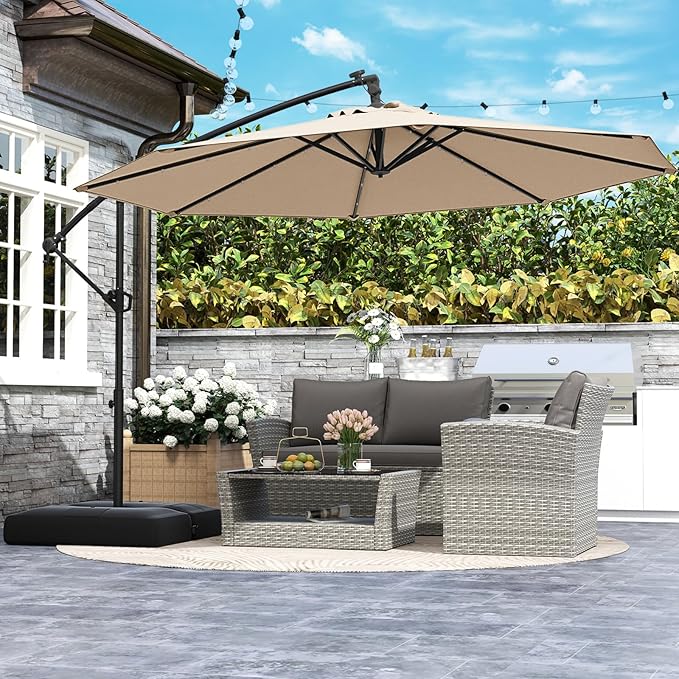 Tangkula 10ft Solar LED Patio Umbrella with Base, Offset Cantilever Outdoor Umbrella with 32 LED Lights, Infinite Tilt, 360 Degree Rotation, Crank Handle for Pool Deck Garden Backyard (Beige)