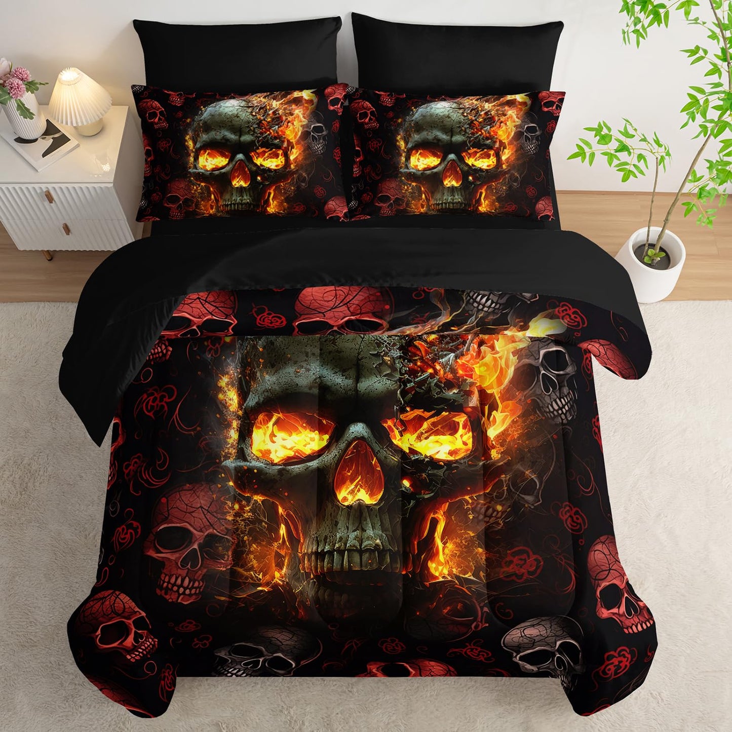 AILONEN 7-Piece Fire Skull Comforter Sets Full Size,3D Skeleton Bedding Set for Kids Boys Teens,Fiery Style Black Tint Comforter & Fitted Sheet with Flat Sheet & 2 Pillowcases,2 Pillow Shams
