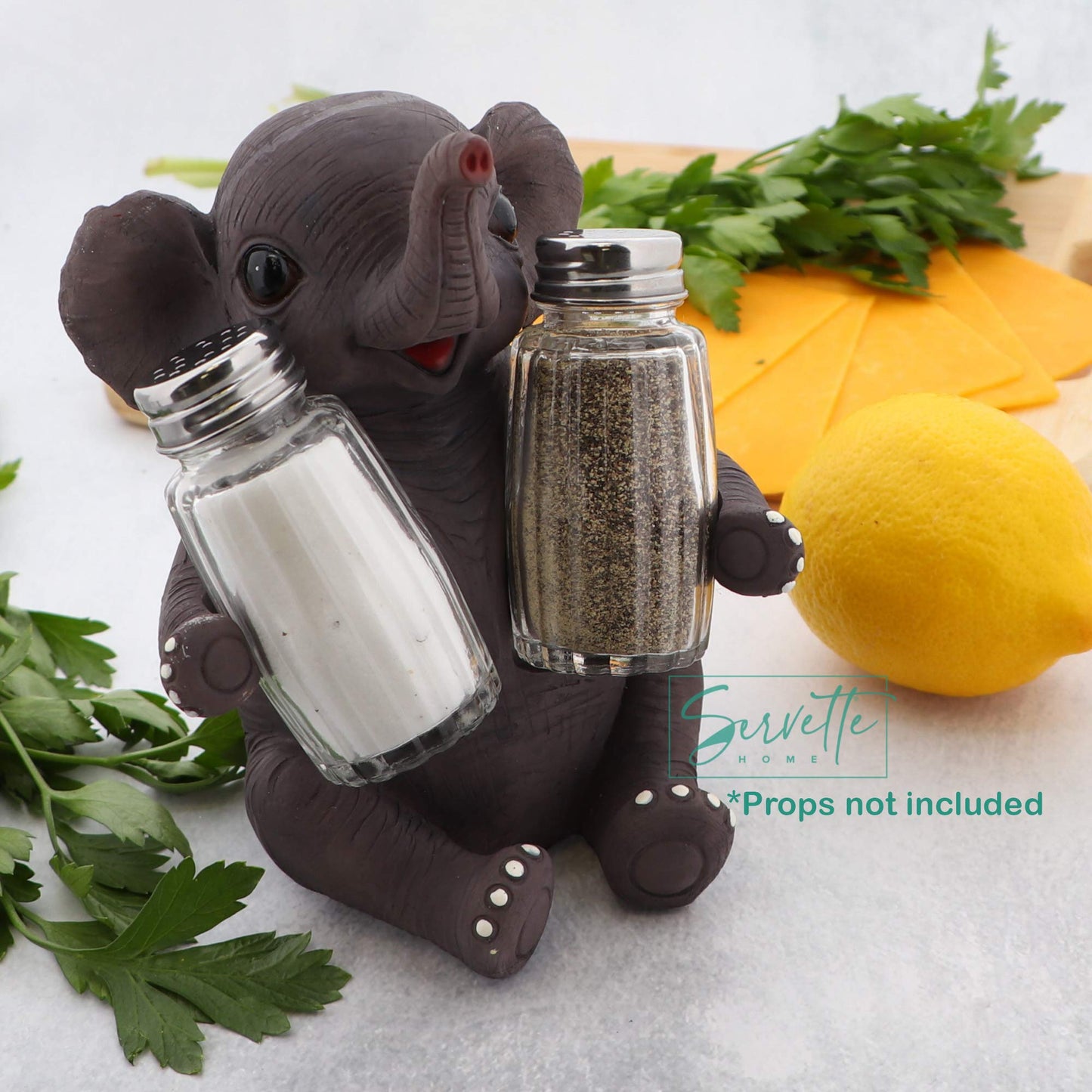 Jungle Animals Kitchen Décor Novelty Salt and Pepper Shaker Set With Holder - Baby Elephant