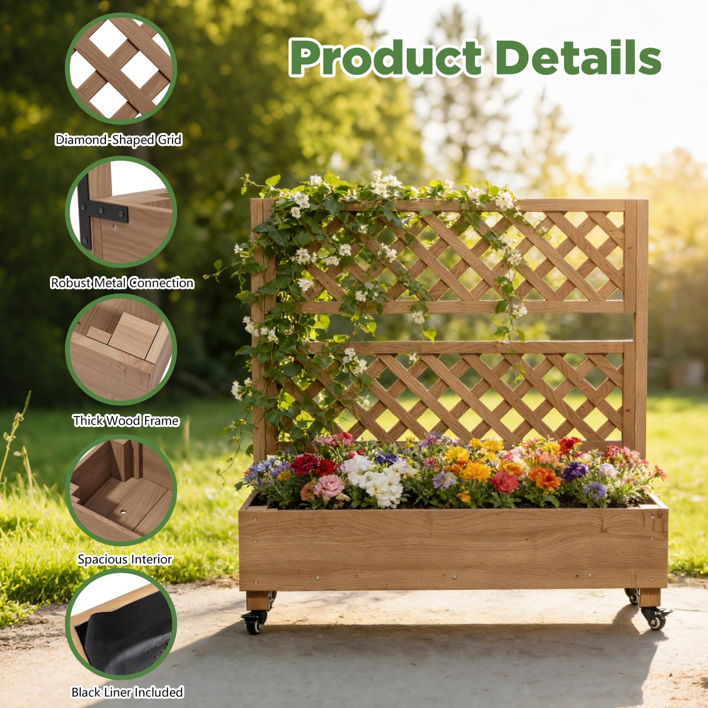 Raised Garden Bed with Wheels Outdoor, Large Garden Planter Box Tomato Flower Pots with Standing Diamond Lattice Trellis for Vegetables Vines Herbs Fruits & Climbing Plants (Grid Upright Trellis)