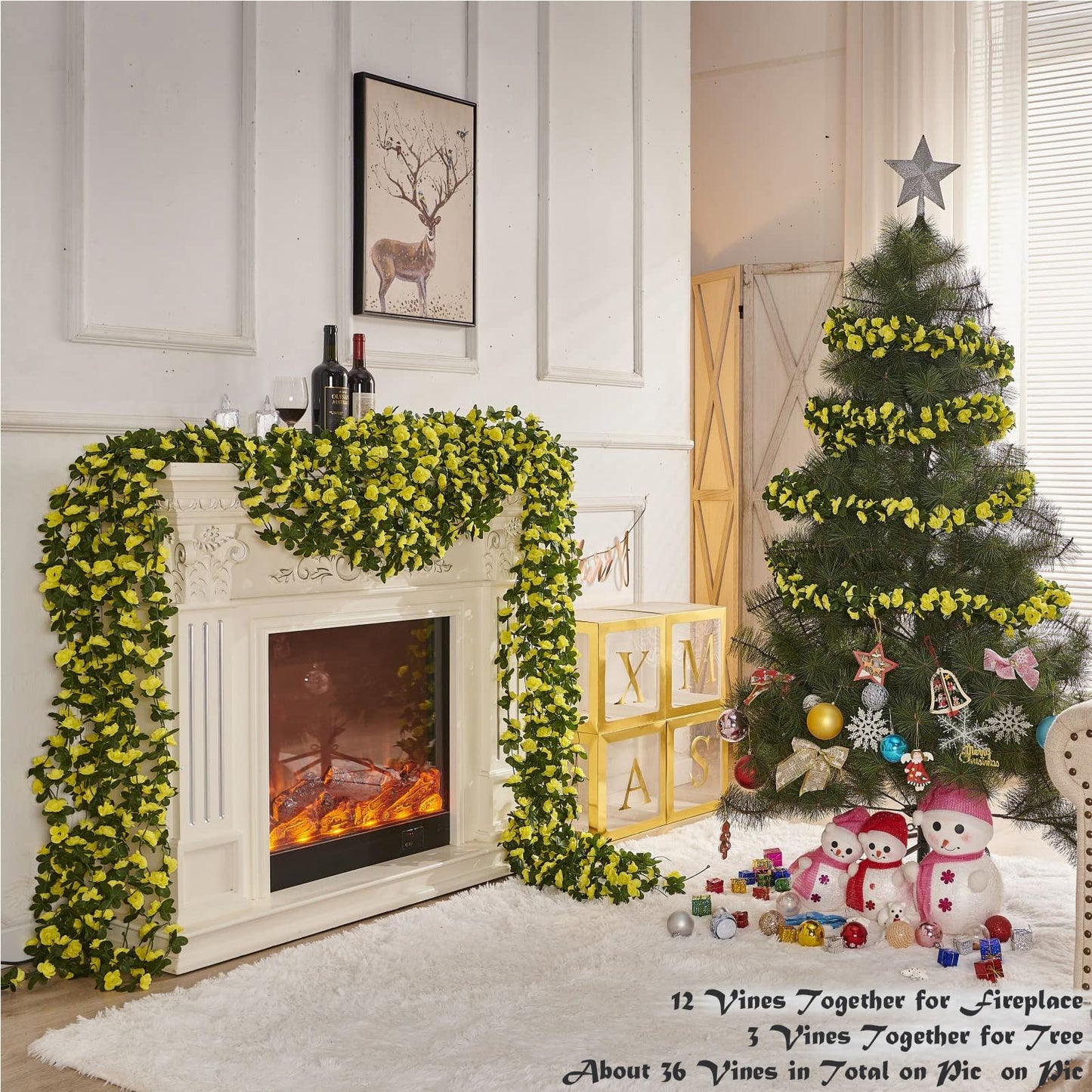 PONKING 8 Pcs x 8.2 ft Flower Garland Artificial Rose Vine Flowers with Green Leaves Hanging Fake Roses Vine for Room Party Home Wedding Birthday Christmas Wall Arch Decor, Spring Yellow Flower