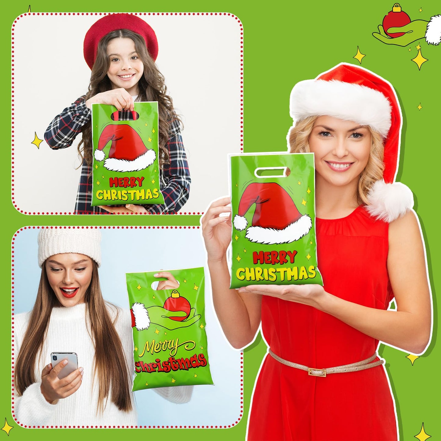 Supervitae 50 Pcs Merry Christmas Gift Bags with Handle Green Elf Xmas Goodie Bags Funny Cartoon Character Candy Bag for Xmas Snack Cookie Packing Party Favors