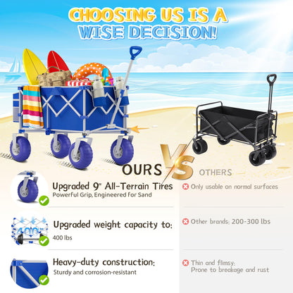 CAtArt Beach Wagon with Big Wheels for Sand, 400LBS Heavy Duty Foldable Wagons Carts, 9" All-Terrain PVC Inflatable Tires, Easy Storage for Beach, Grocery Shopping, Sports Camping (Blue)