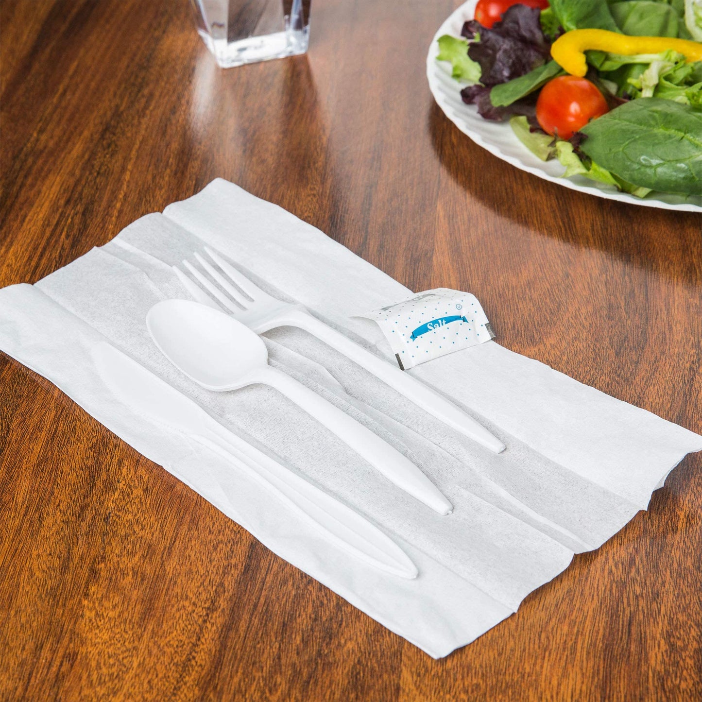 250 White Plastic Cutlery Packets - Knife Fork Spoon Napkin Salt Pepper Sets, Individually Wrapped Disposable Silverware