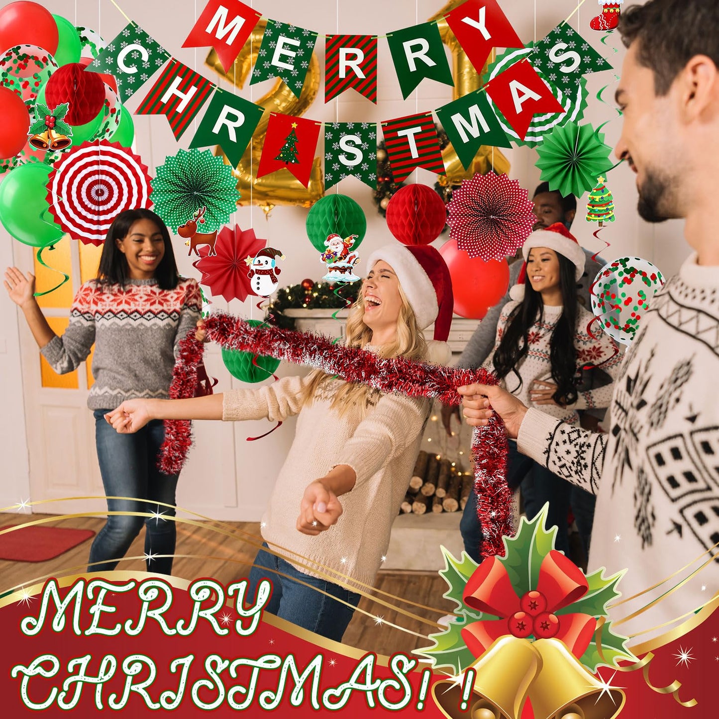 Suncalla 47 Pcs Christmas Parade Golf Cart Decoration Kit with LED Xmas Car Wreath Bow String Candy Canes Merry Christmas Banner Fans Balloons Tinsel Hanging Swirl Garland for Truck Vehicle