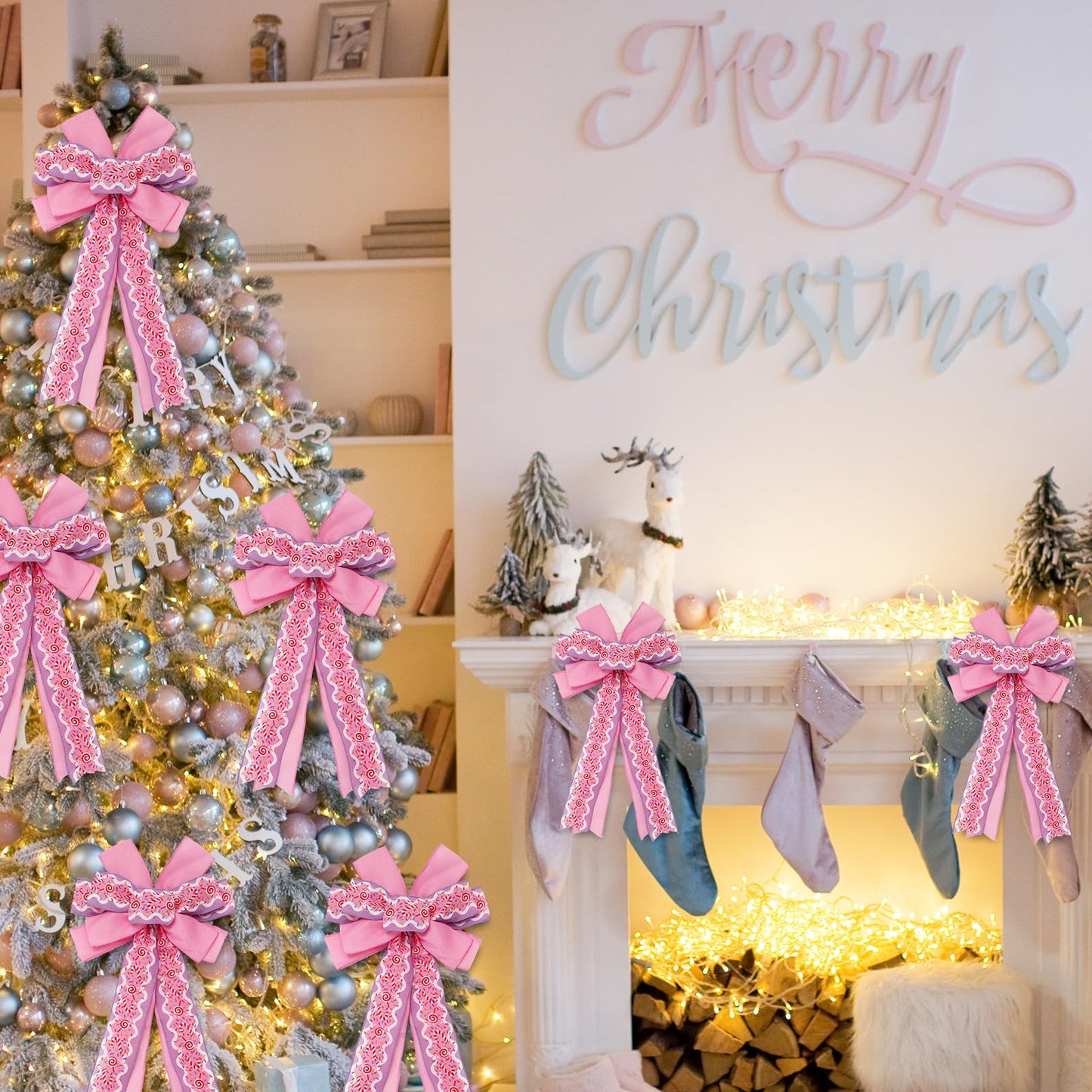 JarThenaAMCS Christmas Wired Edge Ribbon Pink Purple Candy Cane Fabric Craft Ribbon for Wreath Bow Making DIY Crafts Wrapping, 2 Roll, 20 Yards