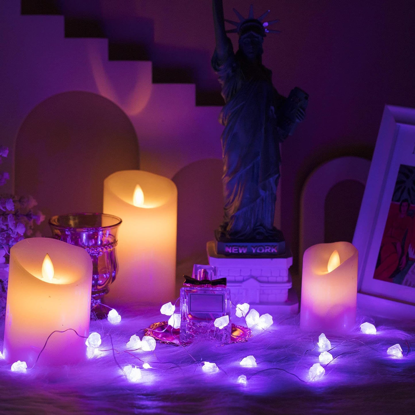 Hiboom 16 Colors Dimmable Amethyst String Light, 9.8FT 30 Crystal Natural Fluorite String Lights, Timer & 4 Modes, USB/Battery Powered Light for Salt Lamp Room Christmas Wedding Valentines Day