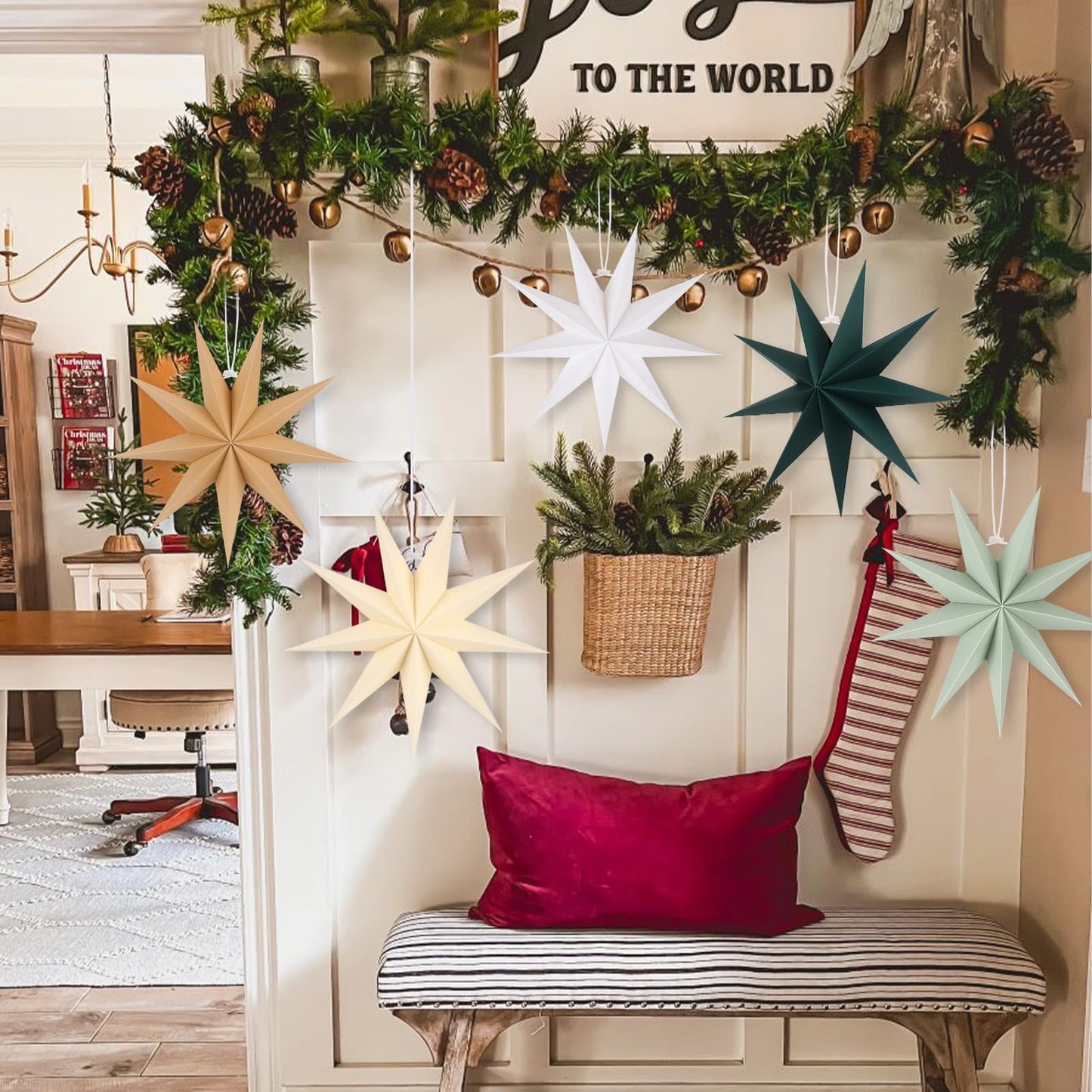 BestoFun 5 PCS 12 Inch Sage Green Paper Star Lanterns - Hanging Stars Christmas Party Decorations