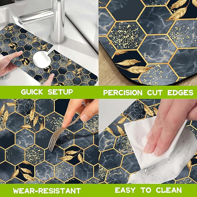 Kitchen Sink Splash Hexagon Marble and Golden Leaves Guard Faucet Mat Super