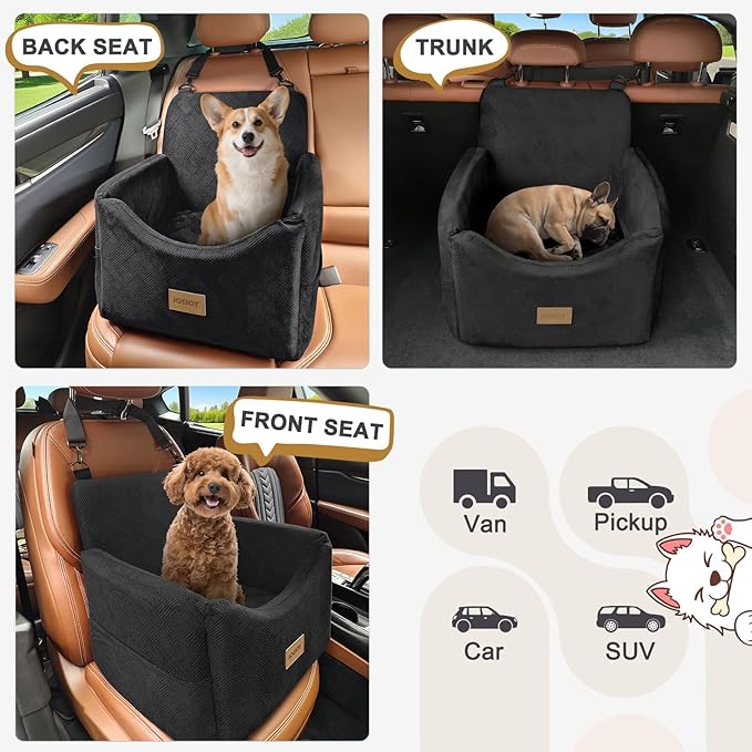 JOEJOY Dog Car Seats for Small Medium Dogs Under 35lbs, Dog Booster Seat with Detachable Washable Cover and Cushion, Memory Foam Pet Car Seat with Safety Belt and Storage Pockets (Black)
