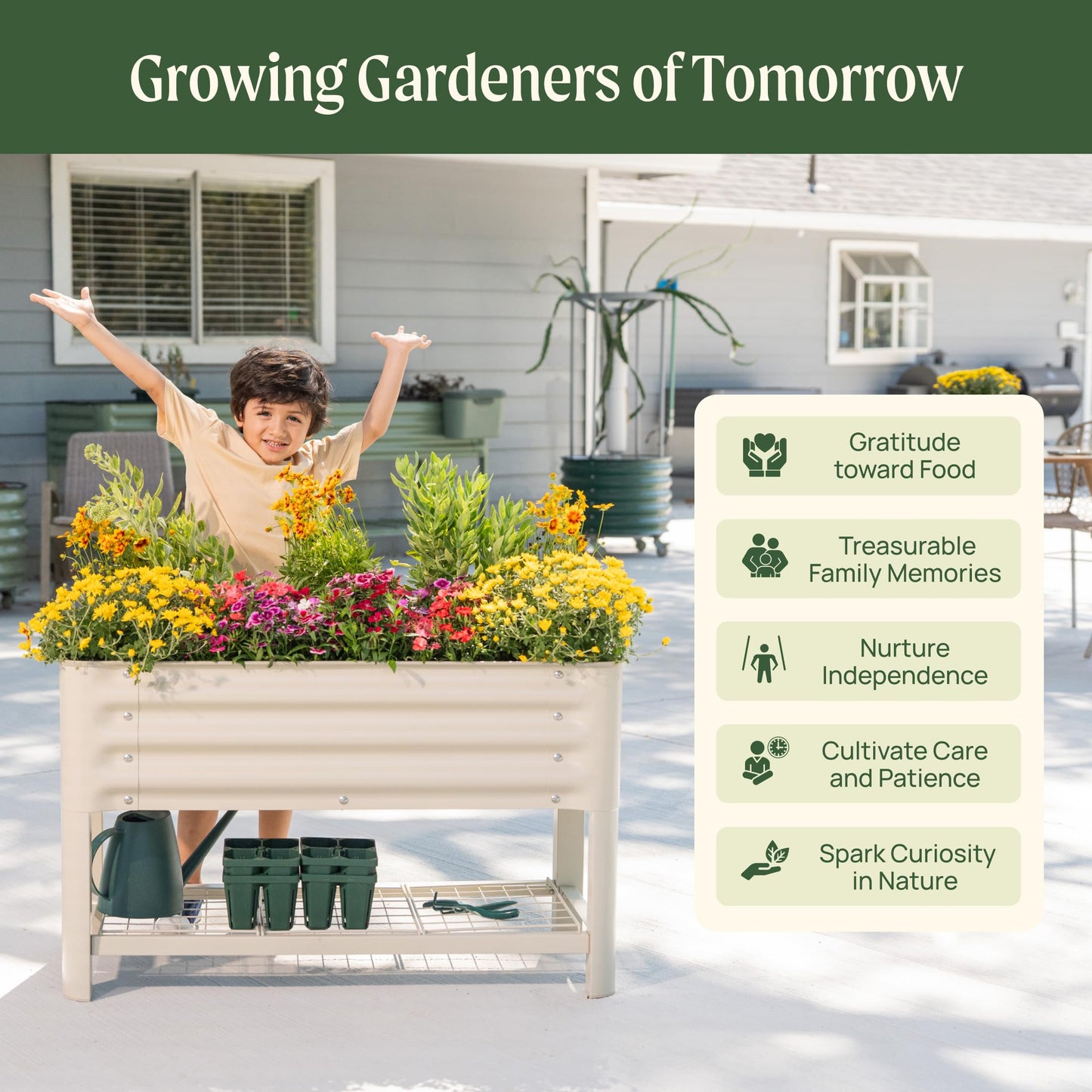 Elevated Raised Garden Bed for Kids Toddler, 16"(W) x 36" (L) x 22"(H) Outdoor Planters Box with Legs & Storage Rack, Solid & Safe Raised Beds for Gardening Herbs Vegetables Flowers, Olive Green