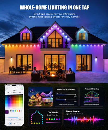 POOFZY Permanent Outdoor Lights 150FT, RGBIC Smart Outdoor Lights for House, App & Voice Control, Waterproof Outdoor Eave Lights for Christmas Holiday Patio Yard Decor