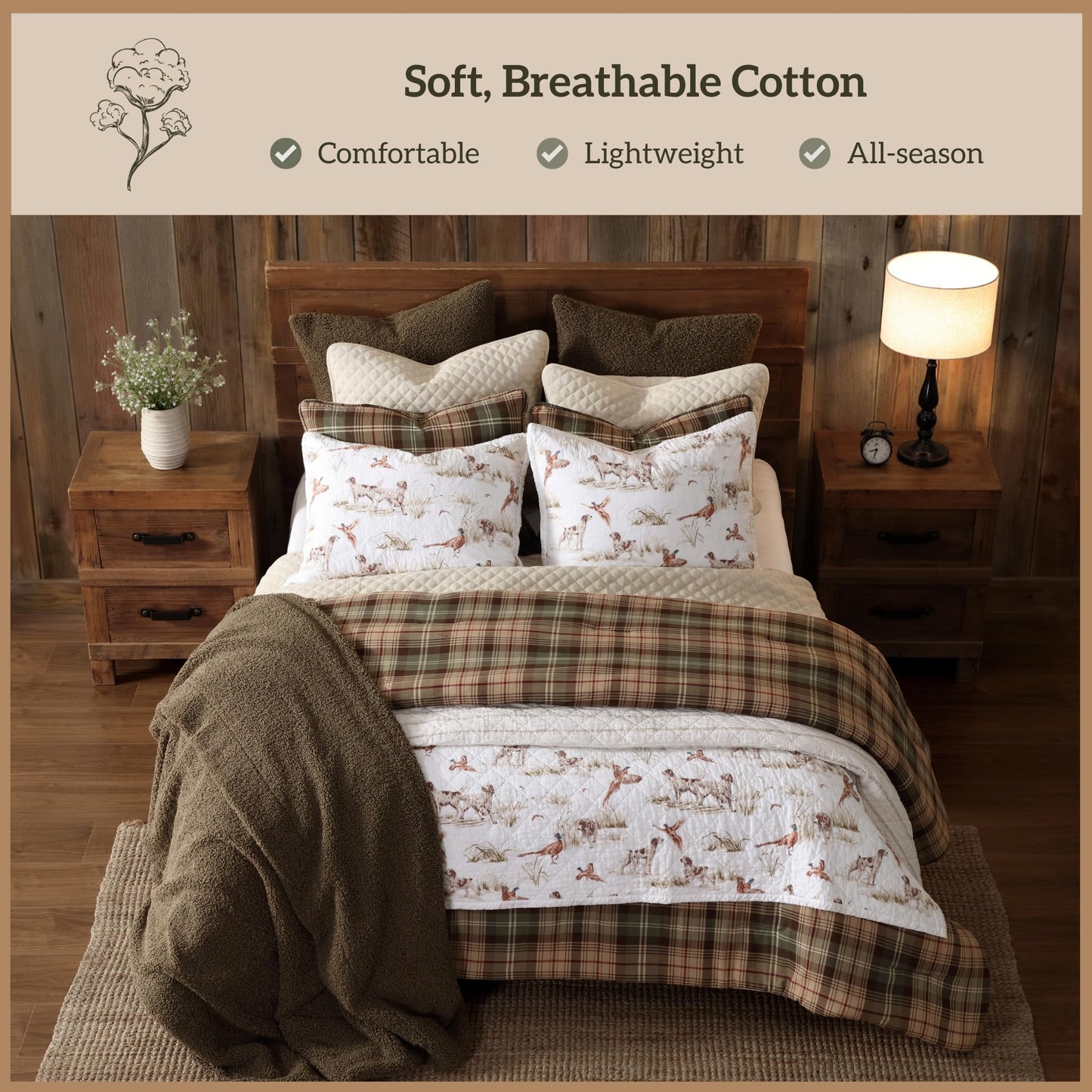 Paseo Road Hunt Life Cotton Quilt Set, 3 Piece King Bedding Set with Pillow Shams, White Brown Pheasant Hunting Dog Reversible Quilt Set, Soft Breathable Cozy Lightweight Quilt, Rustic Cabin Bedding
