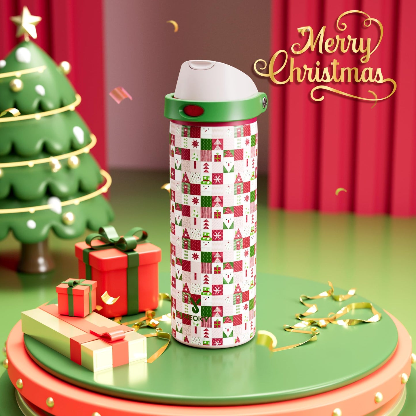 24 oz Insulated Water Bottle for Christmas: Meoky Stainless Steel Xmas Water Bottle with 2-in-1 Straw and Spout Lid - Leak Proof, Fits in Car Cup Holder, Christmas Gifts for Women Men, Santa Wishes