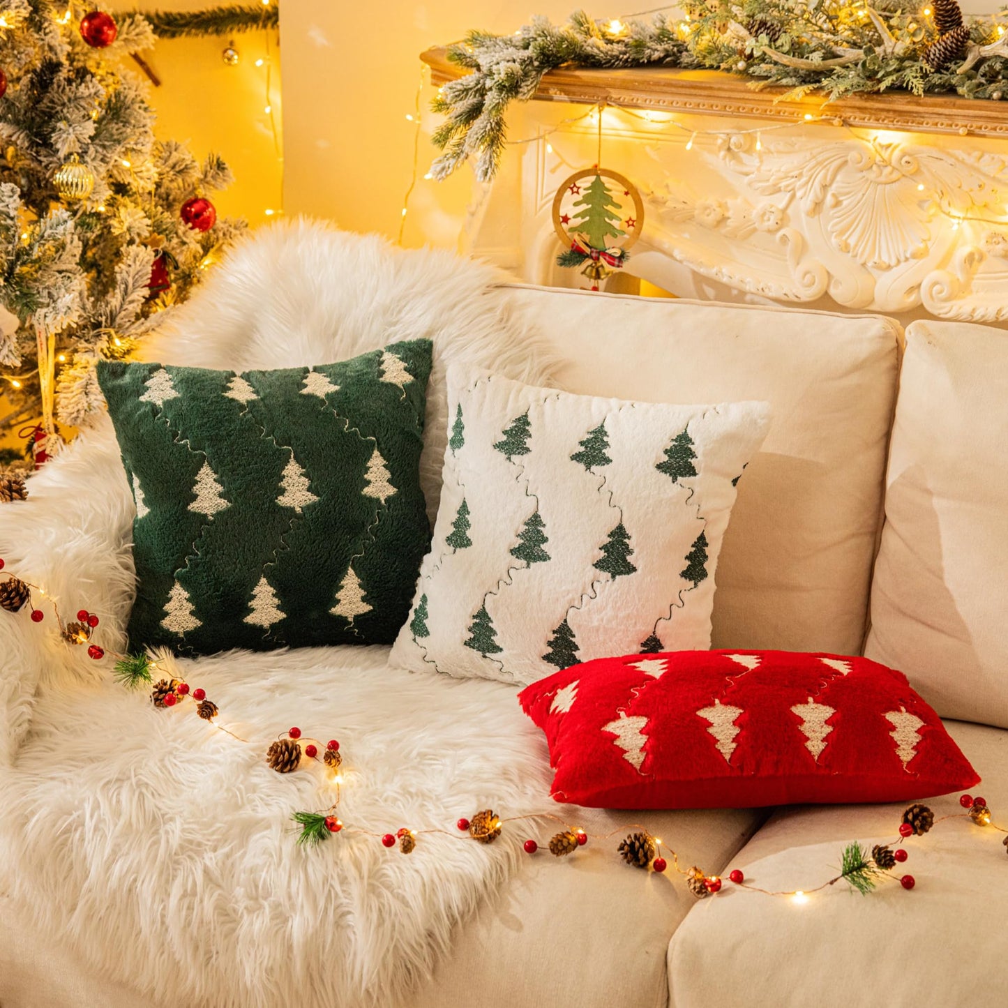 AQOTHES Christmas Tree Embroidered Green Throw Pillows Cover 18x18 Inch, Set of 2 Packs Winter Soft Fluffy Decorative Throw Pillows Covers Decor for Home Sofa Couch Bed Room