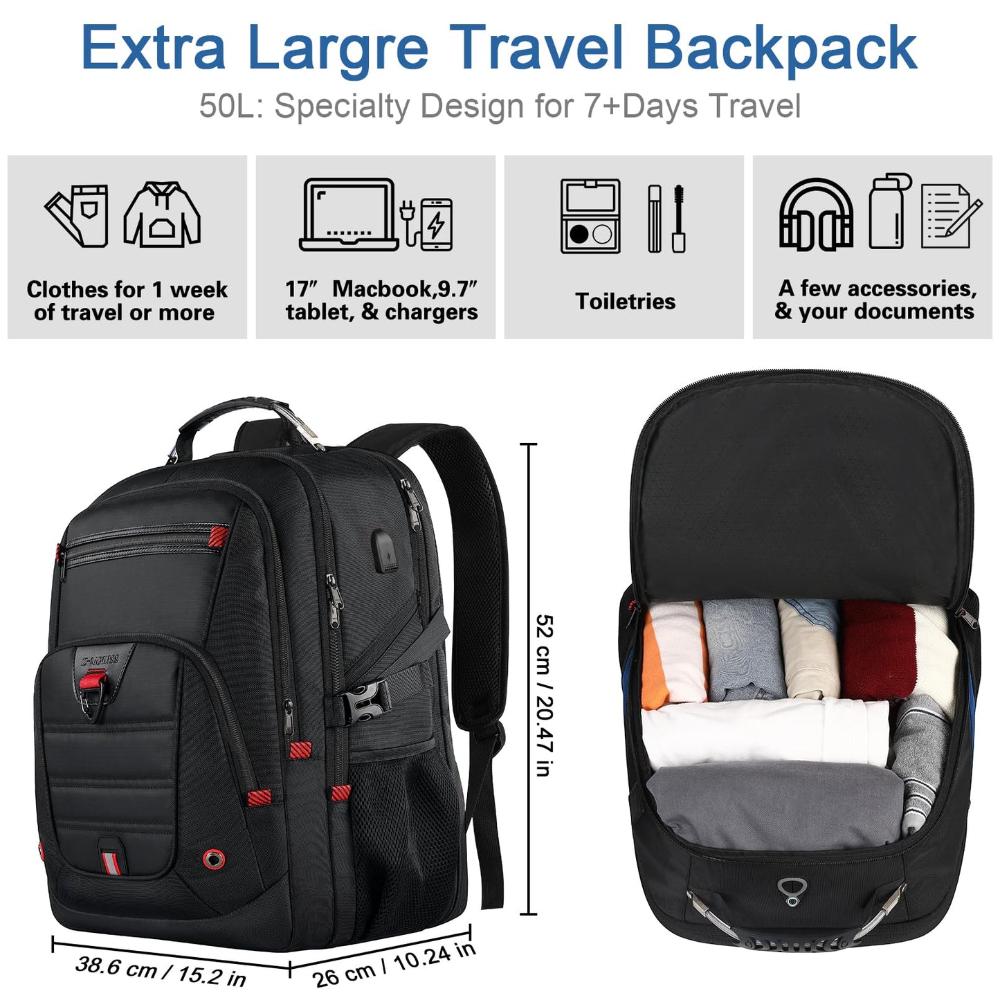 Z-MGKISS Men's Extra Large 55L Anti-Theft Backpack, TSA-Approved for 18.4-19" Gaming Laptops, Gym Work Travel for Business College Daypack (Black)