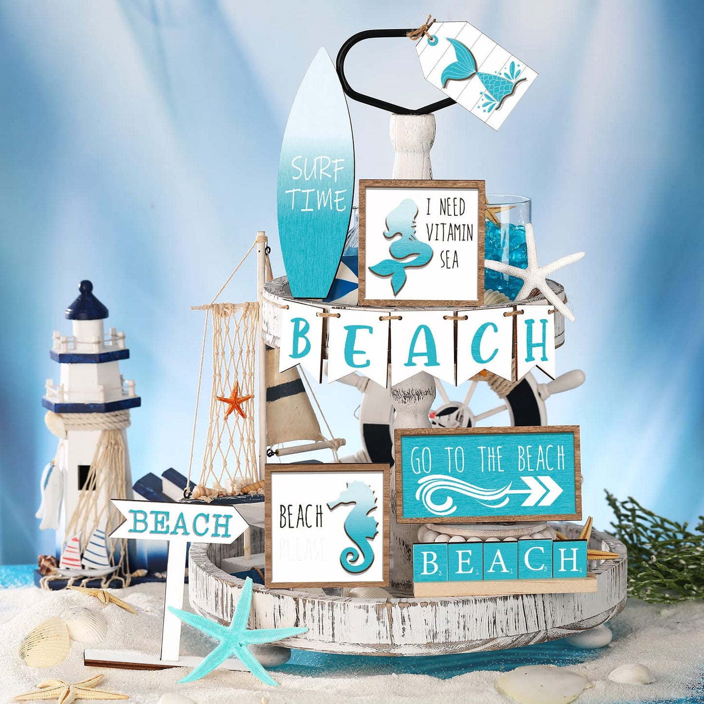 FairySandy 14 Pcs Summer Beach Tiered Tray Decor Set Farmhouse Wooden Beach Starfish Table Decor Blue Rustic Tabletop Sign Coastal Centerpieces for Summer Home Kitchen Table Hawaii Party Holiday