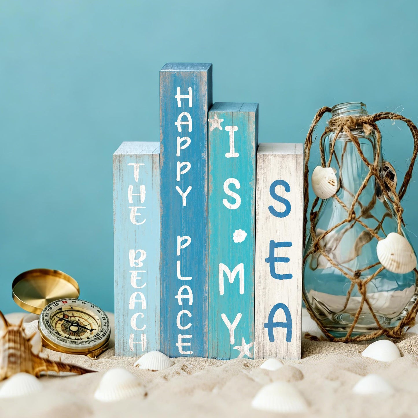 4 Pcs Beach Table Decor Ocean Rustic Wooden Book Sign Starfish Seashell Coastal Tiered Tray Decor Rustic Nautical Farmhouse Tabletop Sign Centerpieces for Summer Home Shelf Decoration
