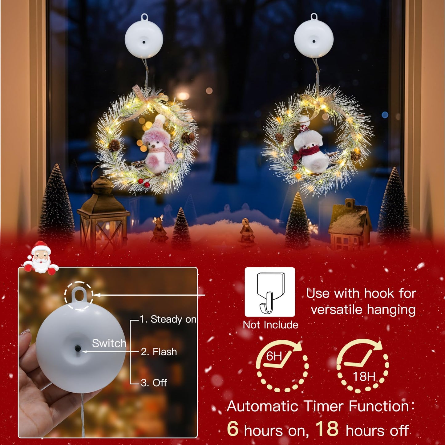 suddus 2 Pack Christmas Window Lights with Suction Cup- Battery Operated Wreath String Lights Indoor with Timer, Christmas Decorations for Home, Window, Door, Wall,Staircase,Gift,Tree Indoor