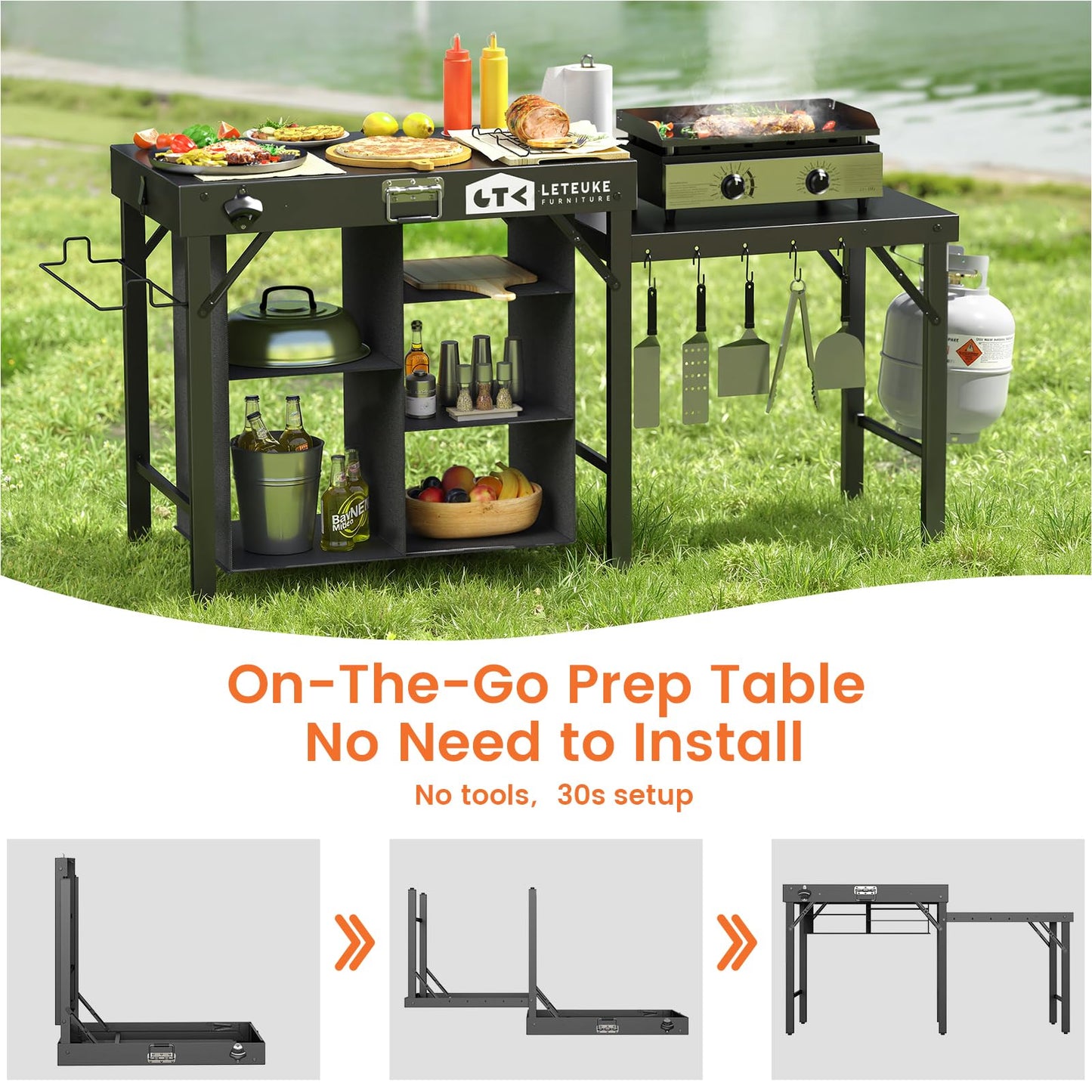 Leteuke Grill Table for Blackstone Griddle, Portable Foldable Grill Table with Storage Fits Ninja, Blackstone Griddle Stand for Outdoor Camping, Picnic, Garden, Patio, Dining, BBQ, Party