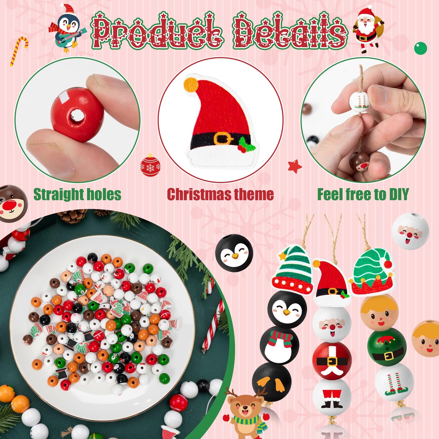 HoniedPepperino Christmas Wooden Bead with Twine - 240Pcs DIY Santa Claus Snowman Gingerbread Man Elf Bead Garland Crafts, Xmas Farmhouse Rustic Round Decor Ornaments for Christmas Winter Party Home