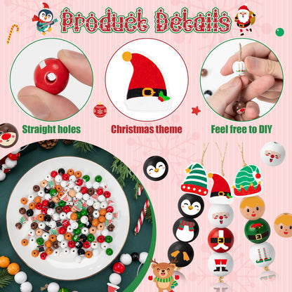 HoniedPepperino Christmas Wooden Bead with Twine - 240Pcs DIY Santa Claus Snowman Gingerbread Man Elf Bead Garland Crafts, Xmas Farmhouse Rustic Round Decor Ornaments for Christmas Winter Party Home
