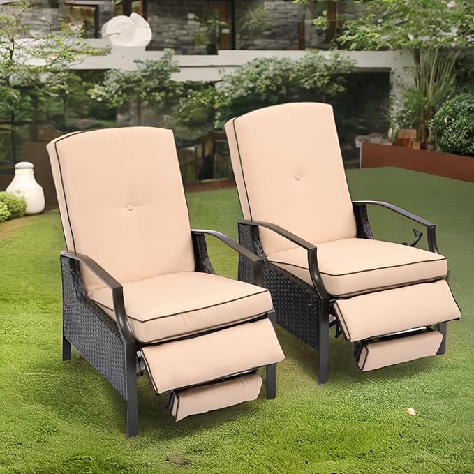 YITAHOME Outdoor Recliner Chair, 2-Piece Patio Adjustable Wicker Reclining Lounge Chairs, Dual-use Rattan Furniture Set with Soft Thick Cushions, Extended Footrest, Flip Back, Brown & Beige
