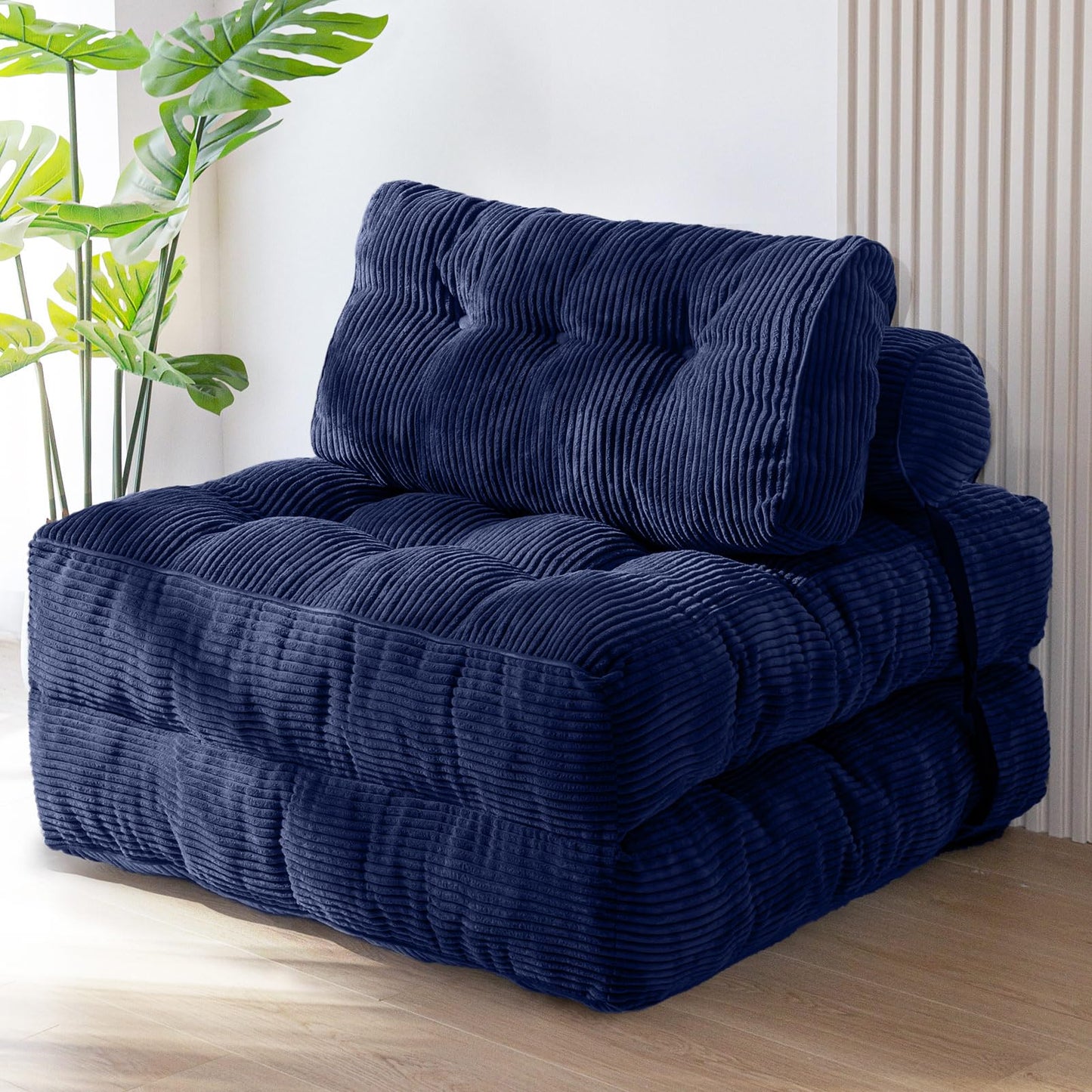 MAXYOYO Folding Sofa Bed, Convertible Chair with Pillow Foldable with Back Support, Portable Fold Out Chair Bed Comfy Floor Sofa Lounge for Living Room Bedroom, Navy, Single