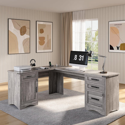 Decofy L Shaped Farmhouse Executive Desk with Drawers, 67" Home Office Desks with Fast Charging Station, Lockable File Cabinet, Wood Writing Computer Desk for Work, Study, Grey
