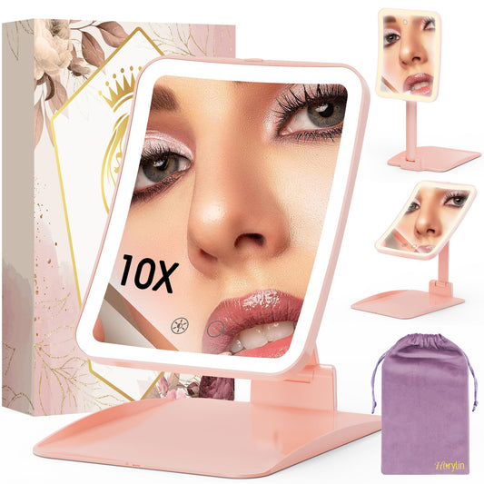 10X/1X Magnification Lighted Makeup Mirror with Lights, Rechargeable Magnifying Mirror with 80LED&2000mAh Battery, Portable Travel Vanity Mirror with 3 Colors Dimmable Lighting, Travel Essentials