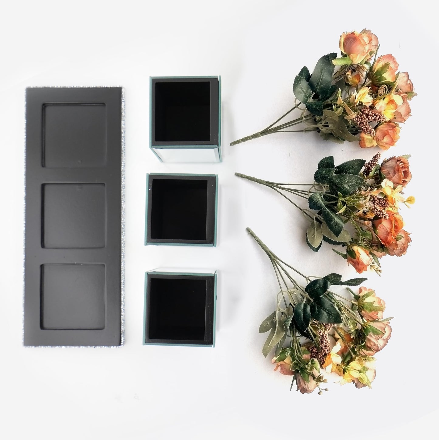 Pibeyer Crystal Crush Diamond Jar Table Centerpiece Decorations for Dining Room, Coffee Table Decor Wooden Tray with 3 Mirrored Jars Artificial Plants for Kitchen, Living Room, Home Décor