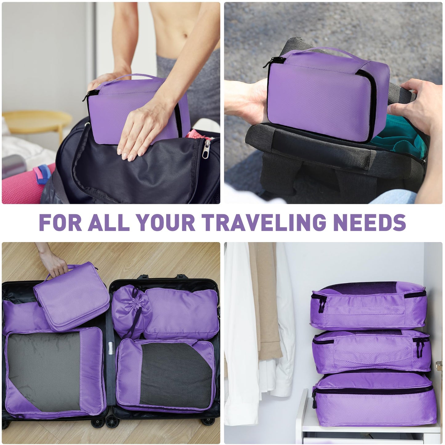 Toncoke 8 Set Packing Cubes for Travel Women Men Kids, Mesh Suitcase Organizer Bags Set for Luggage, 4 Sizes Extra Large, Large, Medium, Small, Travel Camping Essentials Accessories, Purple