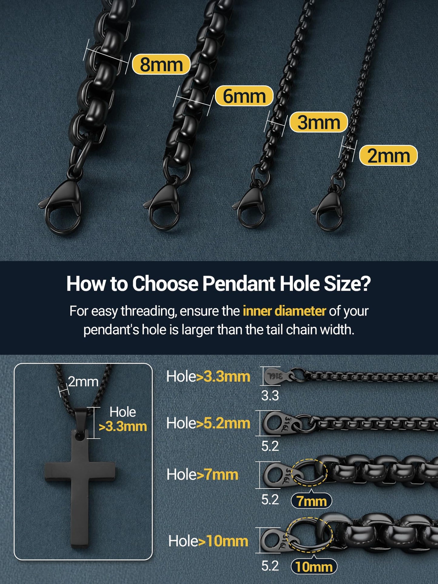 PROSTEEL Squre Rolo Link Chains, Black Stainless Steel Chain Necklace Waterproof & Non Tarnish 6mm Link Chains for Men and Women Jewelry with Gift Box 20in