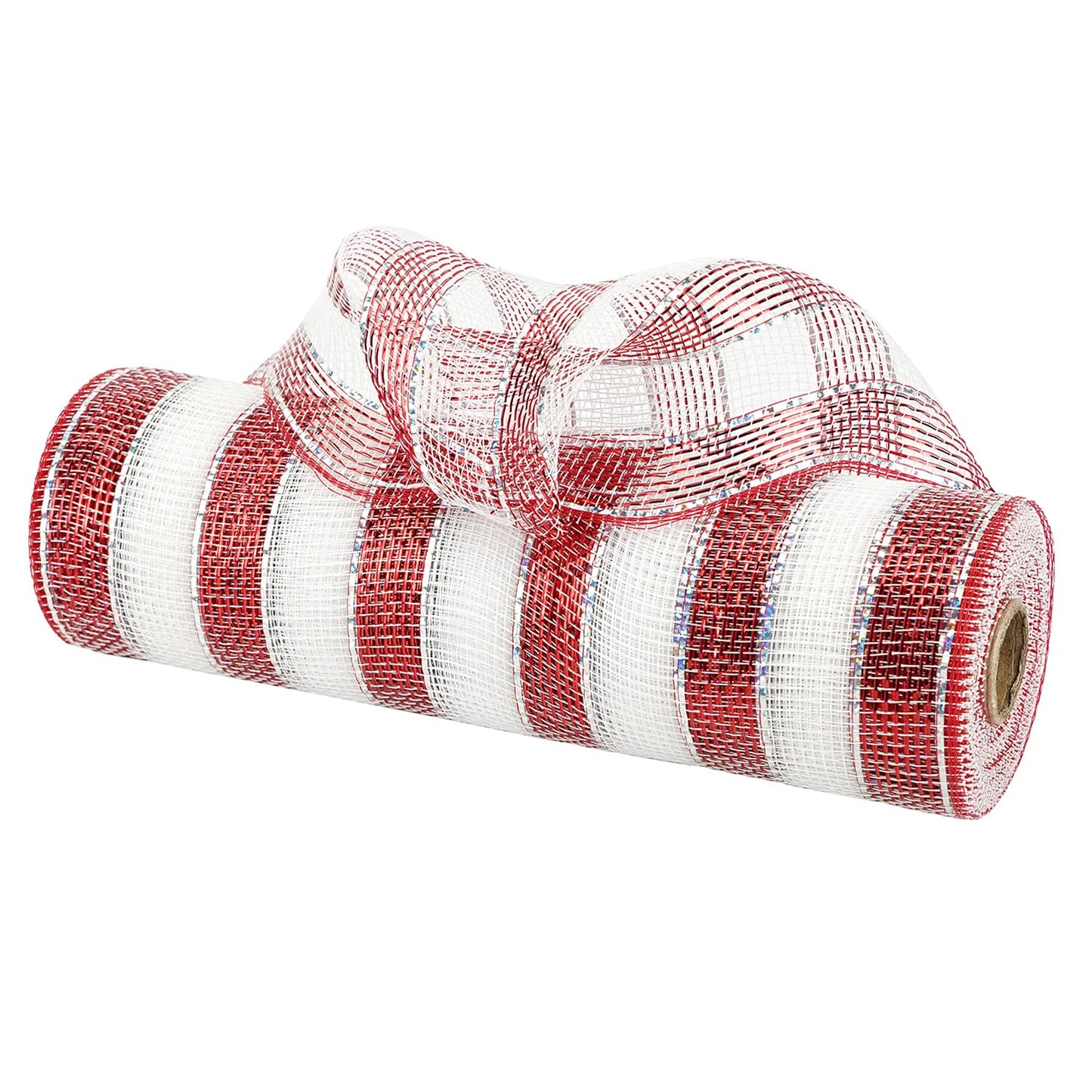 MEEDEE Red and White Deco Mesh Metallic Striped Ribbon 10 Inch Candy Cane Mesh Ribbon for Christmas Tree, Garland, Staircase, Mailbox, Centerpiece, Wreaths, Decorating and Crafts (30 Feet)