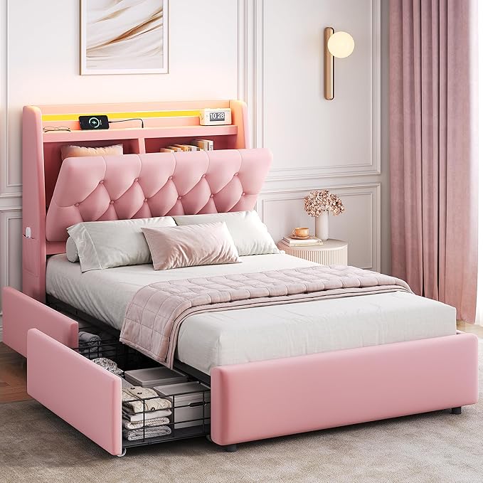 Twin LED Velvet Bed Frame with 2 Storage Drawers&Hidden Headboard, Upholstered