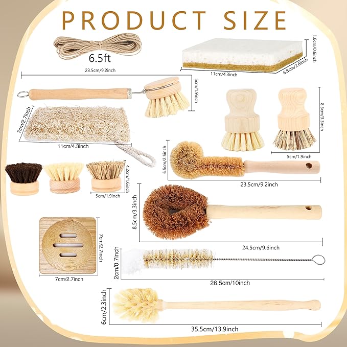 15 Pcs Bamboo Dish Brush Set