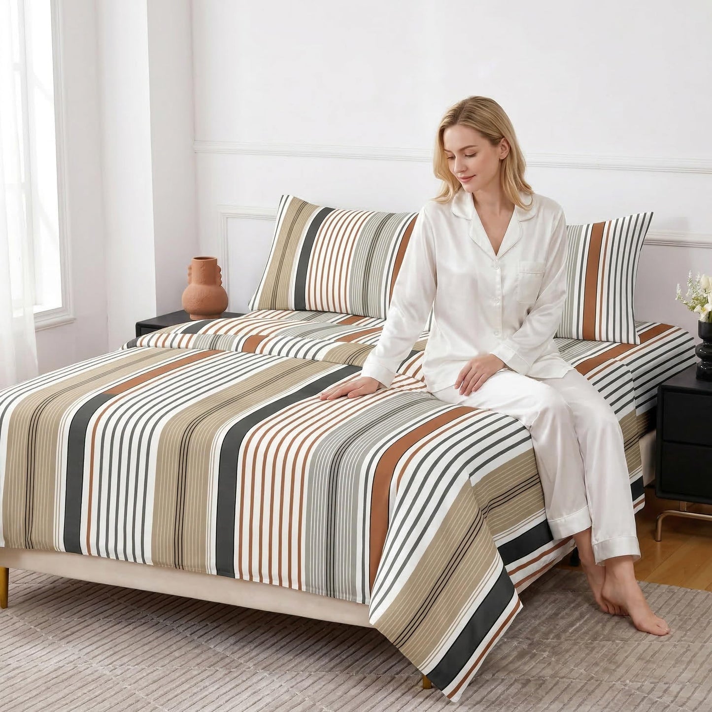 HCORA Striped King Sheet Set, Ultra Soft Double Brushed Microfiber Bed Sheets, Deep Pocket, Breathable, Wrinkle Resistant, Easy Care, 4PC, King